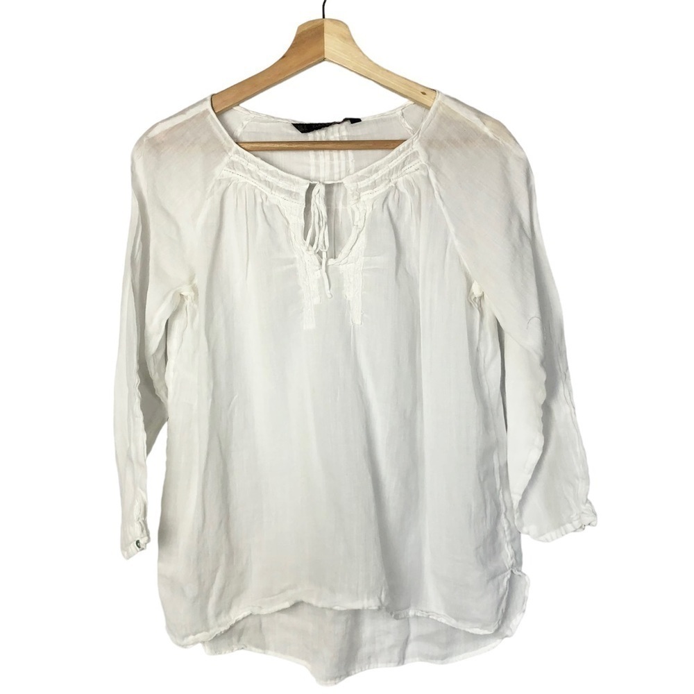 Zara White Round Tie Neck Lightweight 3/4 Long Sleeve Blouse M